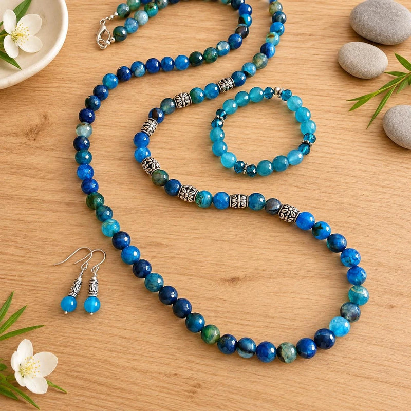 Teal Blue Agate Opera Necklace Set