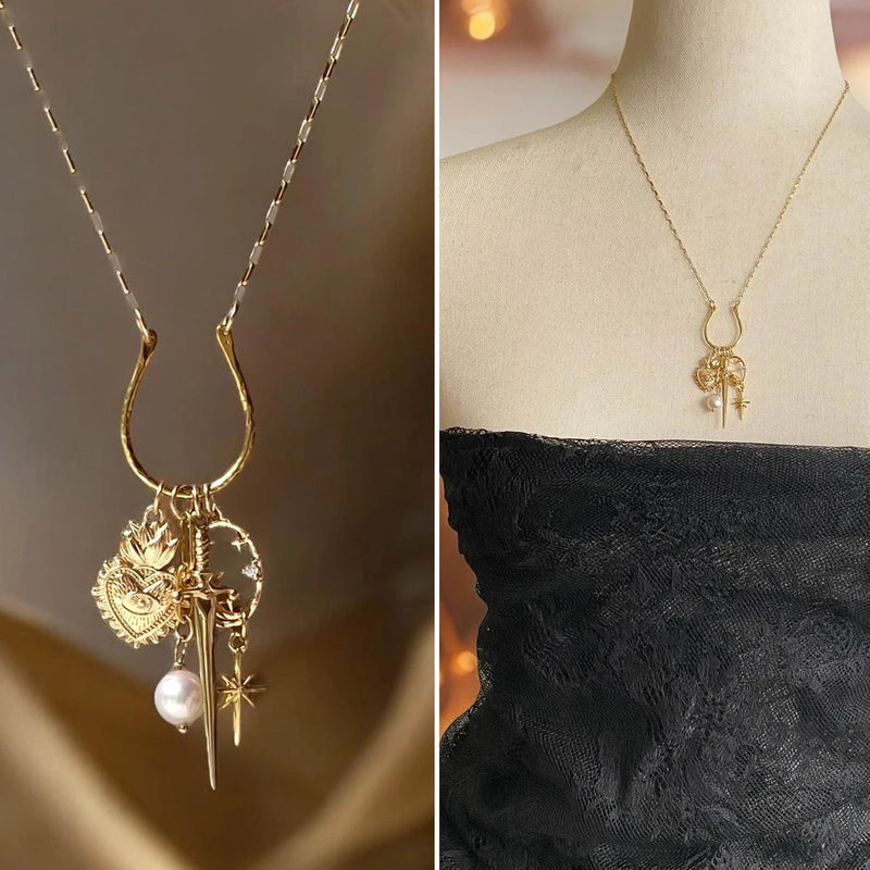 Gold Sacred Heart Sword Charm Necklace