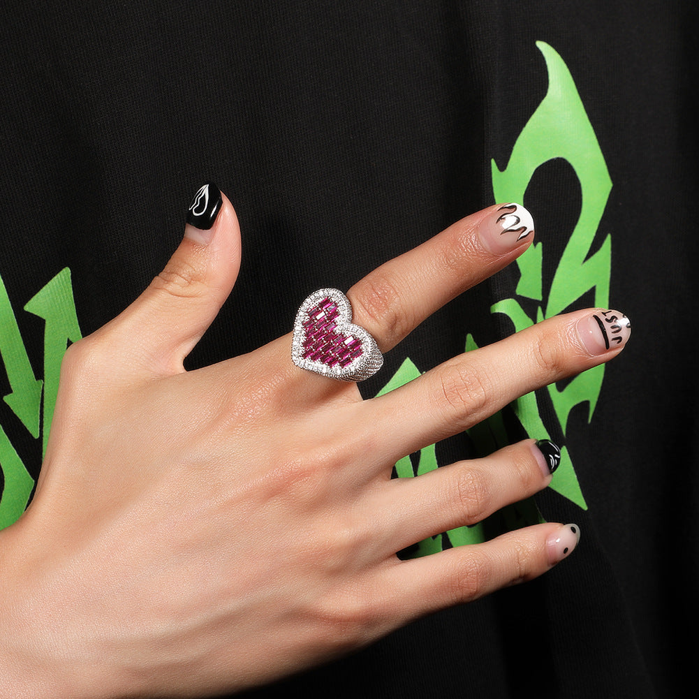 Hip-hop T-square heart-shaped zircon ring