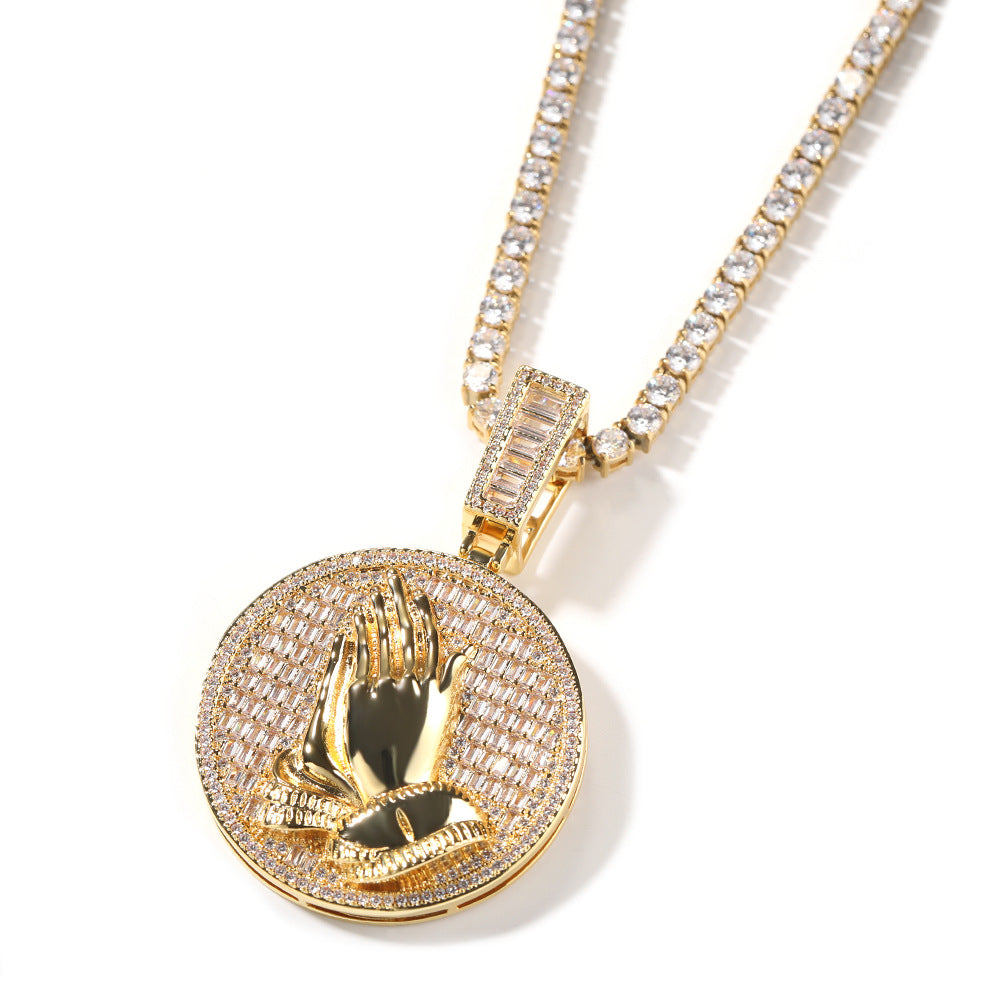 Hip-hop round disc zircon-encrusted praying hands pendant