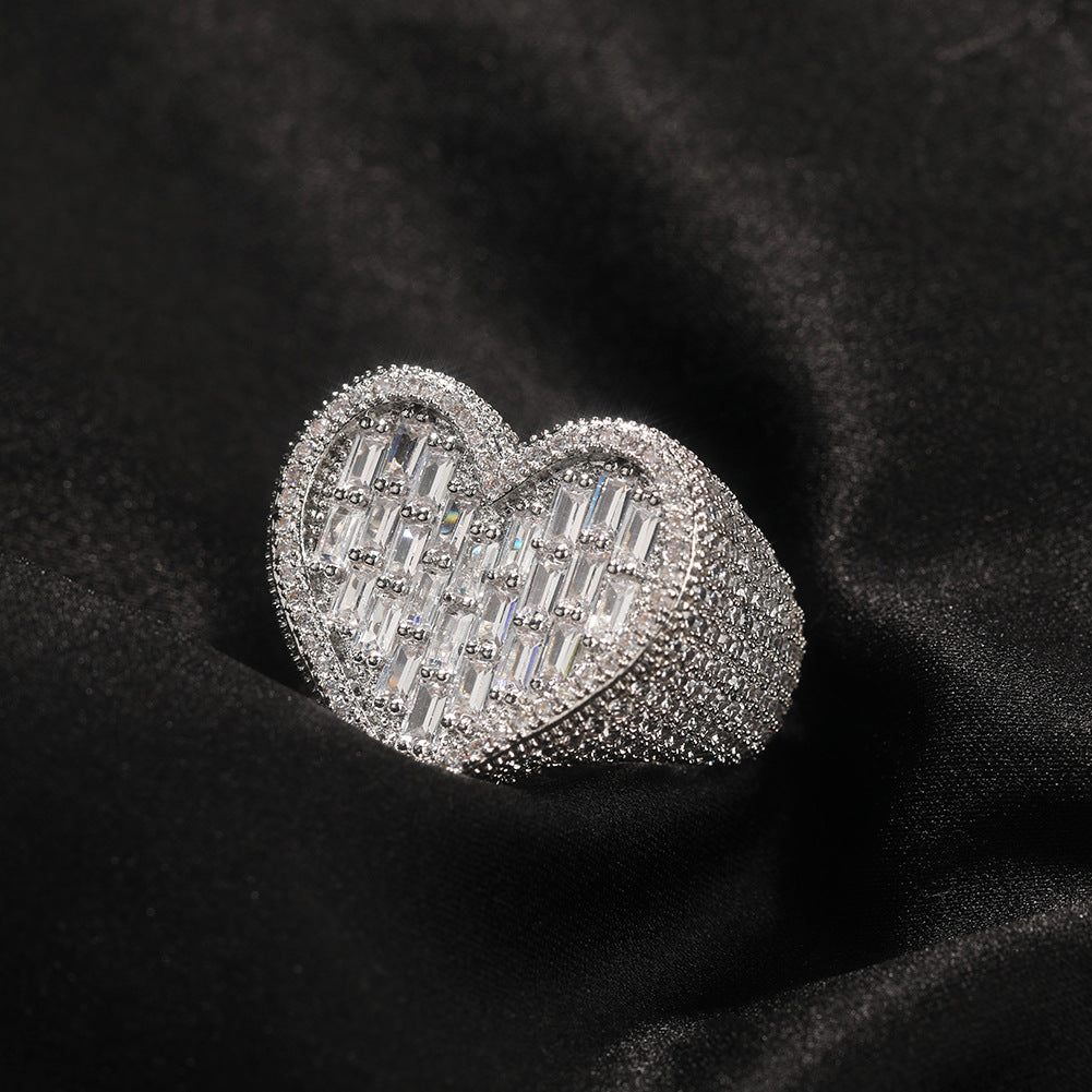 Hip-hop T-square heart-shaped zircon ring