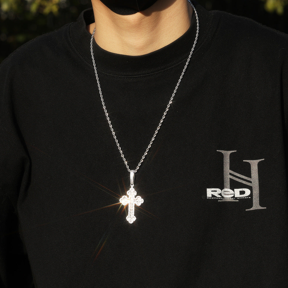 Hip-hop large diamond-encrusted cloud cross pendant