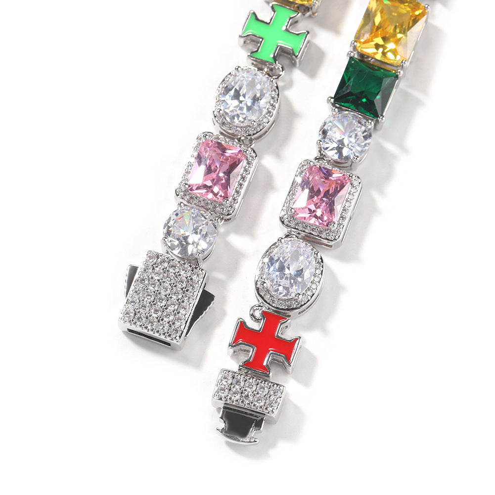 Hip-hop necklace with colorful zircon inlays and a square cross